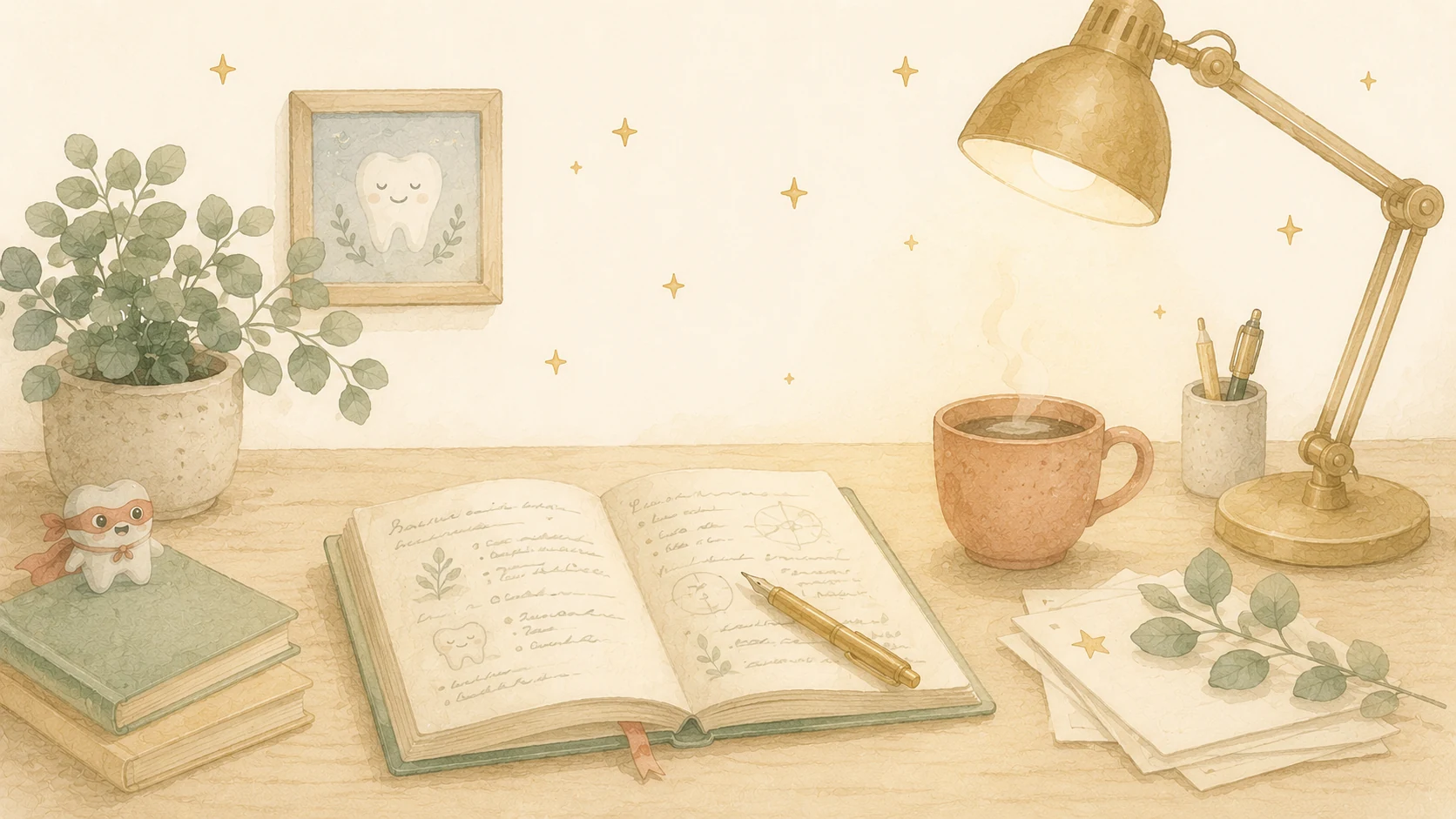 Bureau d'un chirurgien-dentiste, carnet ouvert, tasse et lampe