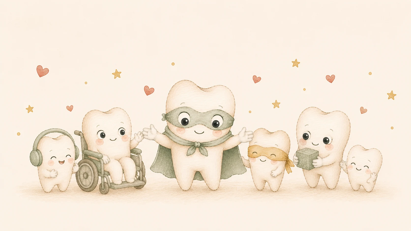 Tino Dentino entouré de petites dents-amies dans leur diversité, atmosphère inclusive et bienveillante